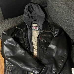 Levi's Black Leather Jacket with Dark Gray Hood